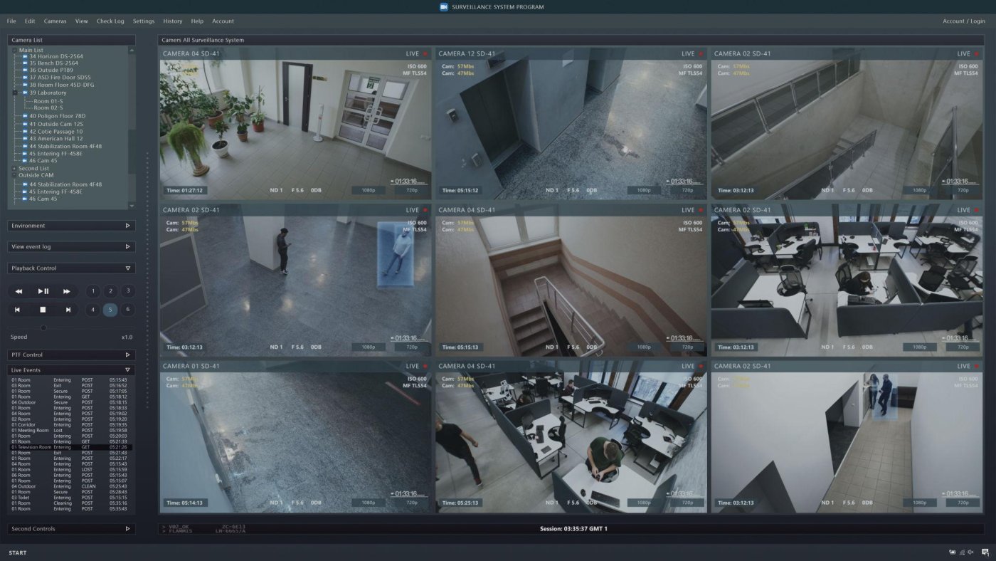 Multi-camera NVR live view with motion detection on a commercial site